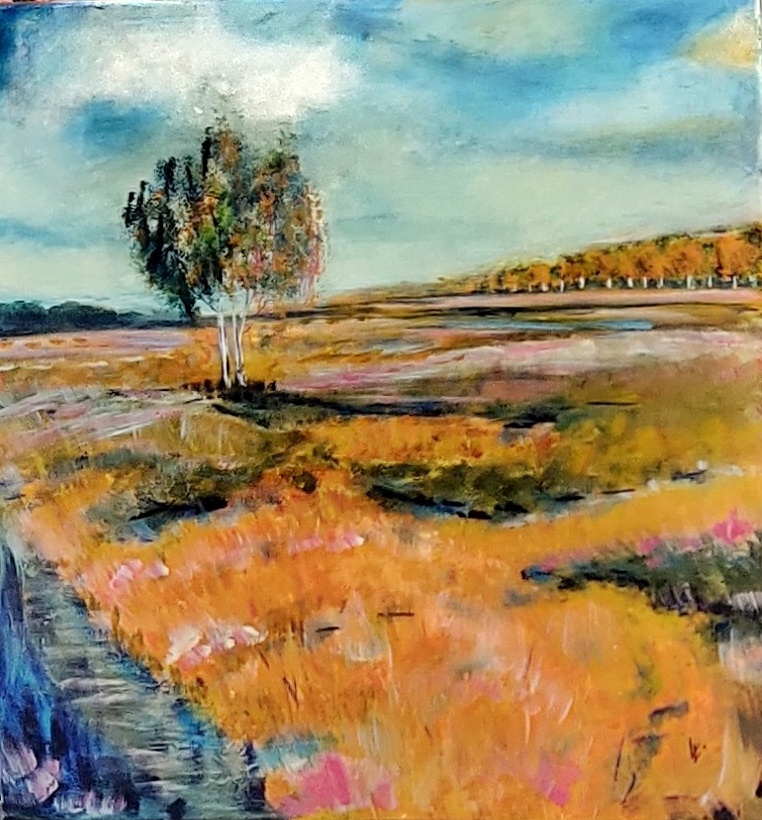Heidelandschaft mit Birken, Acryl auf Leinwand, 60x60 cm