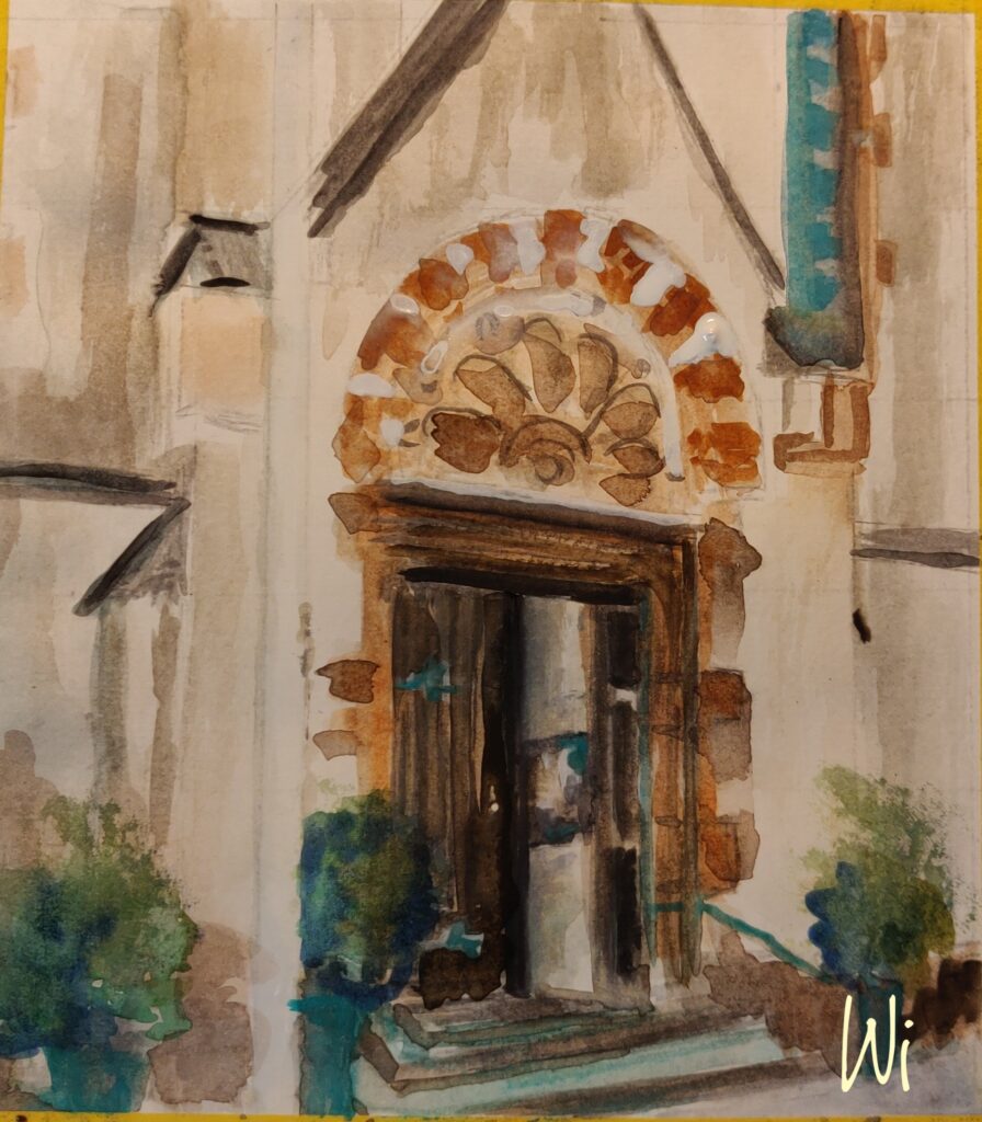 "Brebacher Ecken", Eingang zur katholischen Pfarrkirche "Maria Hilf", Aquarell, Sketchbook DinA4