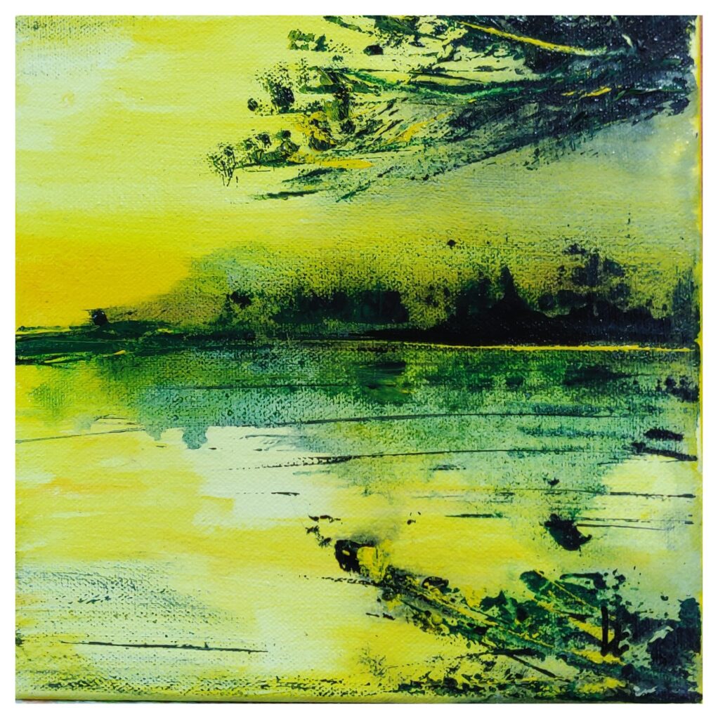 abstrakte Landschaft in gelb-grün, Acryl auf Leinwand, 20x20cm