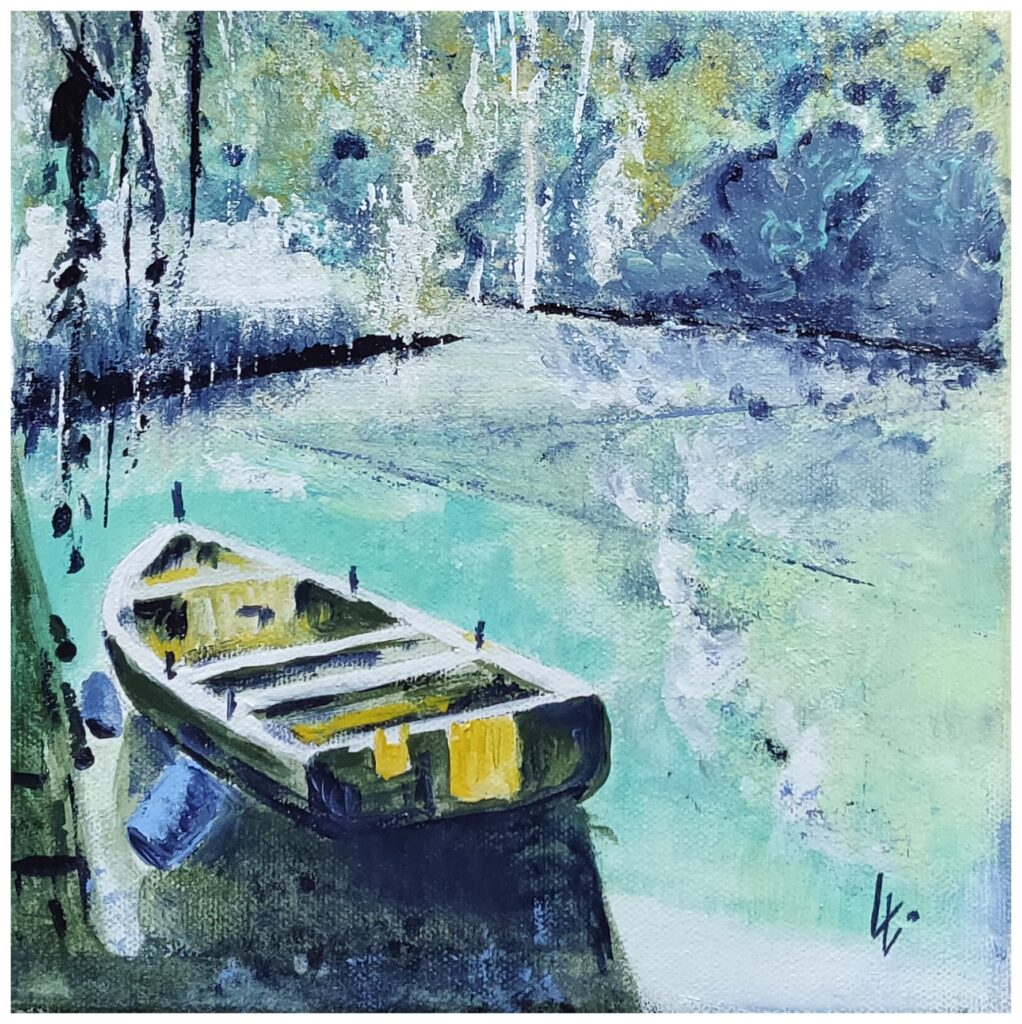 kleine Landschaft mit Boot, Acryl auf Leinwand, 20×20 cm