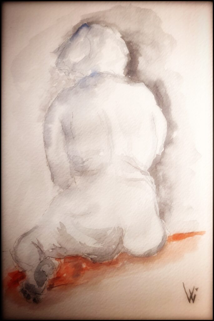 *scham-los*, bodylove, sitzender weiblicher Akt, Rückansicht, Aquarellmalerei, Sketchbook DinA6