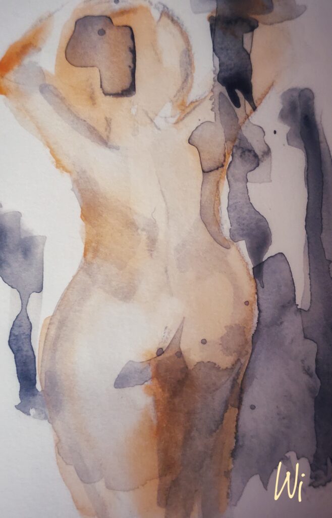 *scham-los*, bodylove, weiblicher Akt, abstrakt, Rückansicht, Aquarellmalerei, Sketchbook DinA6