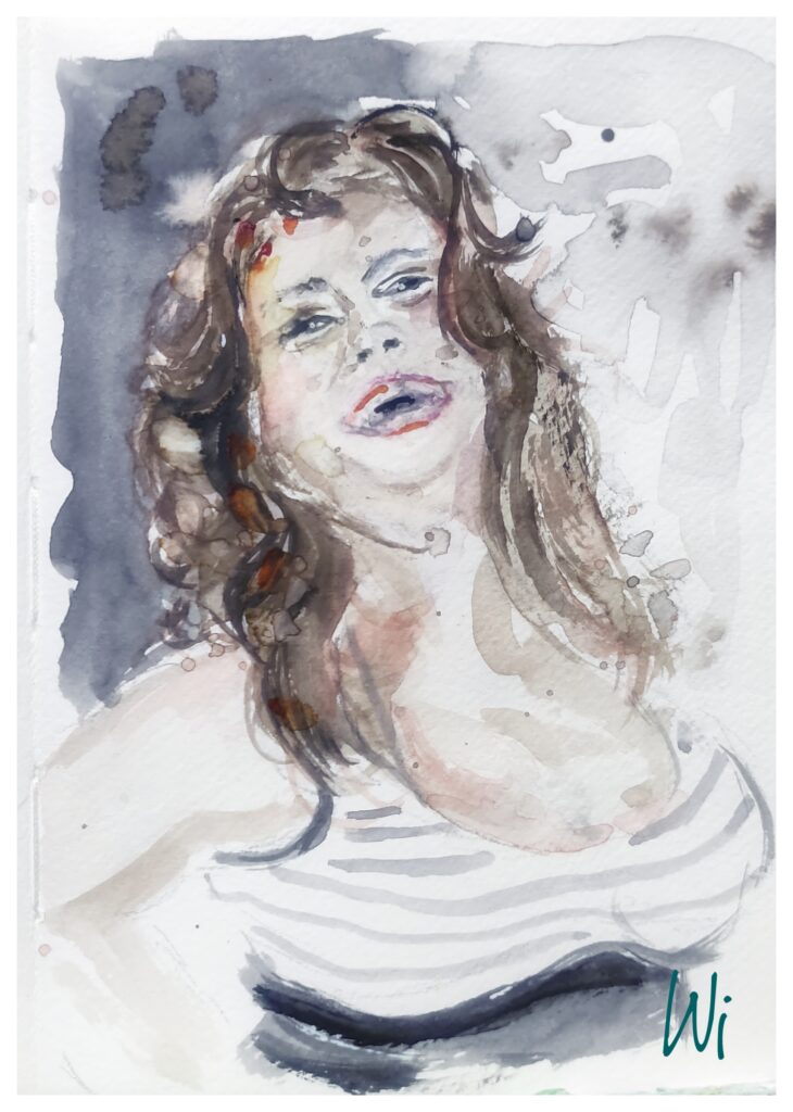 "scham-los", Bodylove, lachende vollbusige Dunkelhaarige, Aquarellmalerei, Sketchbook DinA6