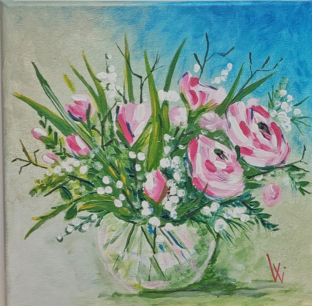 kleiner rosa Rosenstrauß, Acryl auf Leinwand, 20x20 cm