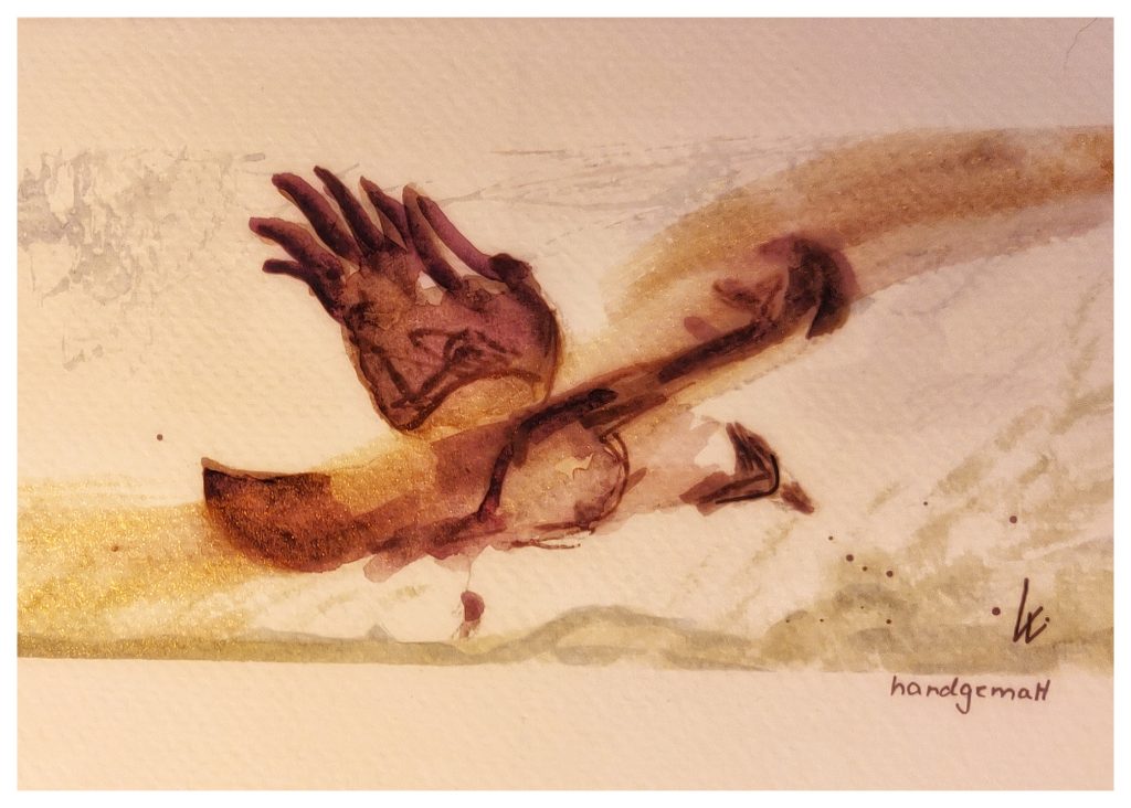 fliegender Vogel "unterwegs", Aquarell, Postkarte