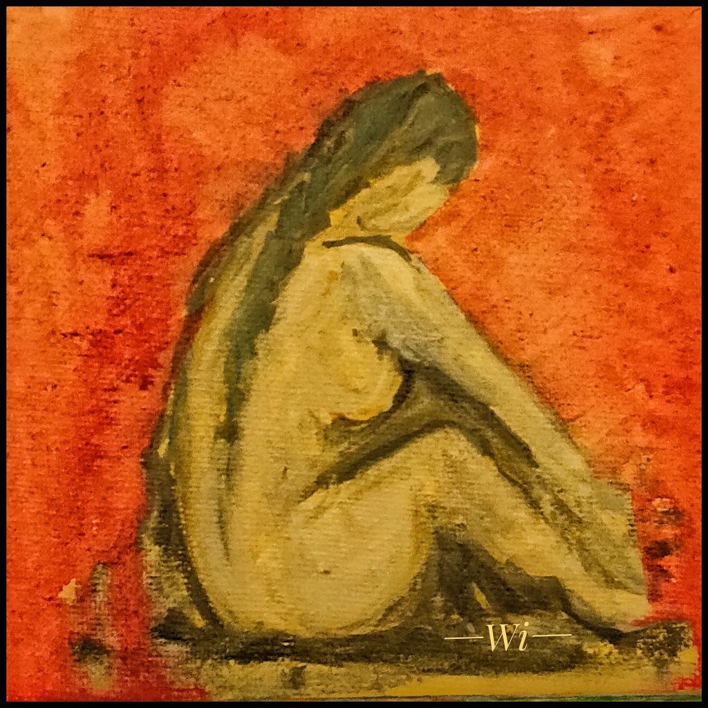 nackte Frau mit langen Zöpfen, bodylove, Öl auf Karton, 13x13 cm