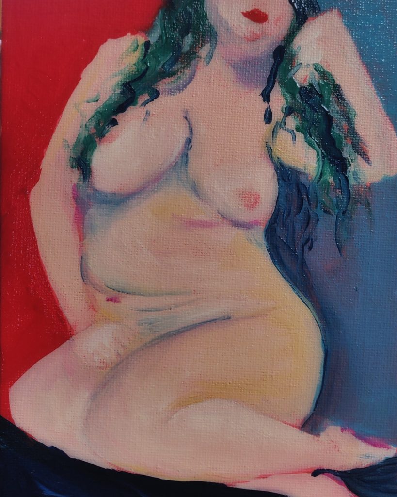 nackte Frau, bodypositive, kurvig, Öl auf Karton (13x18 cm)