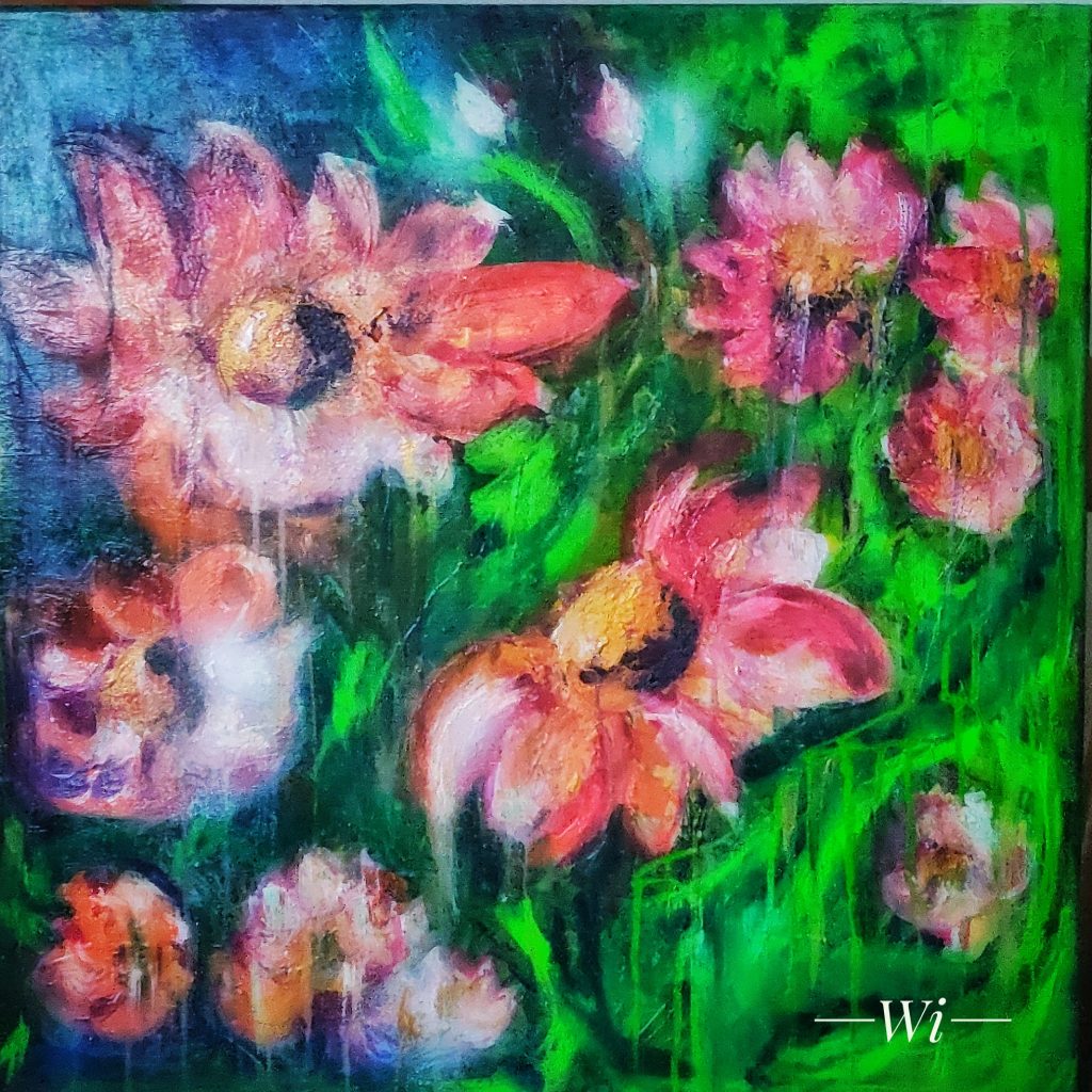 FlowerPower, große Blüten auf grün, Öl- und Acrylfarben auf Leinwand, 60x60 cm