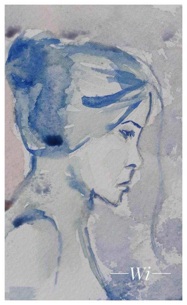 Face blue, Profil, Aquarellmalerei (Postkarte)