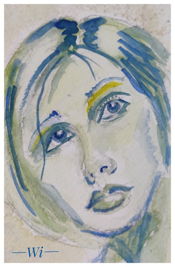 Face blue and green, Aquarell (Postkarte)