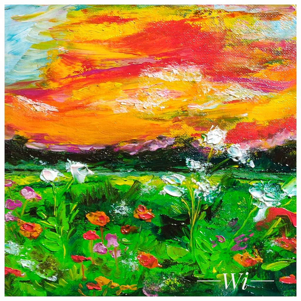 Wiesenblumen, Abendstimmung, Öl auf Karton, 20x20 cm