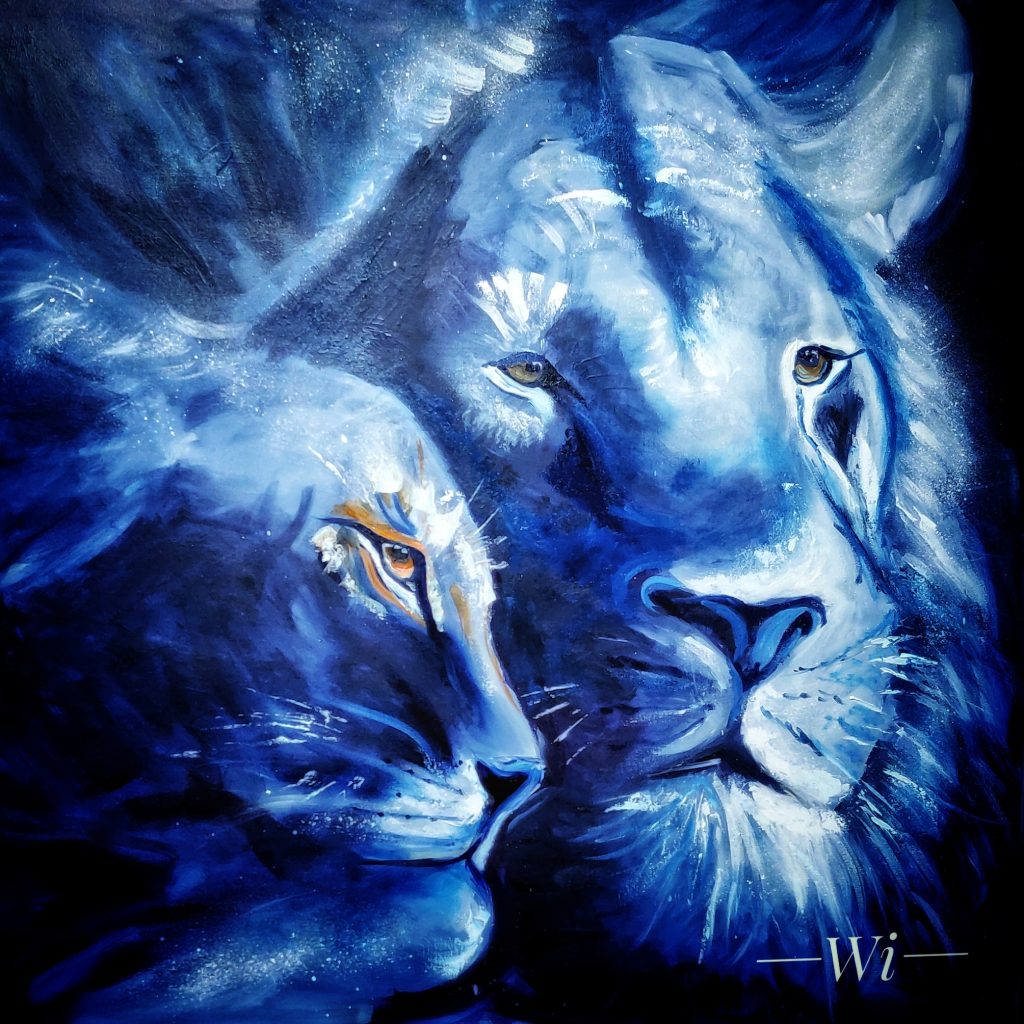 Löwe und Löwin, blau, Acryl und Öl auf Leinwand (80x80 cm)
