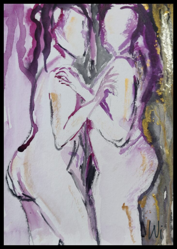 zwei weibliche Akte, Berührung und Beziehung, Aquarellmalerei, 17x24 cm