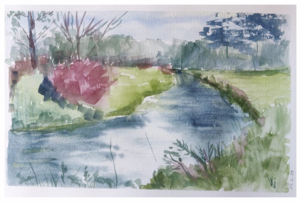 Am kleinen Fluss, Landschaft, Aquarell, Sketchbook DinA5