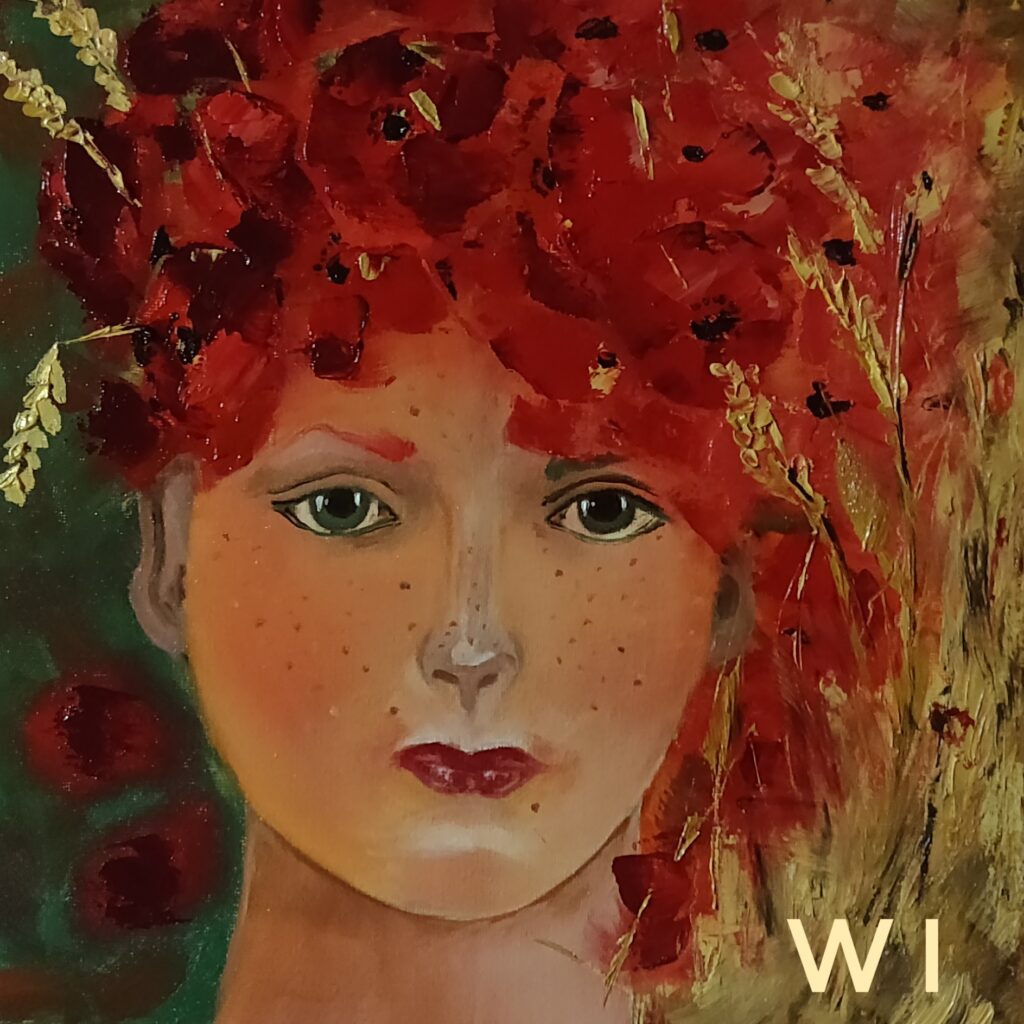 *Sommermädchen", Gesicht, Mohnblumen, rot-gold-grün, Öl auf Karton, 30x30 cm