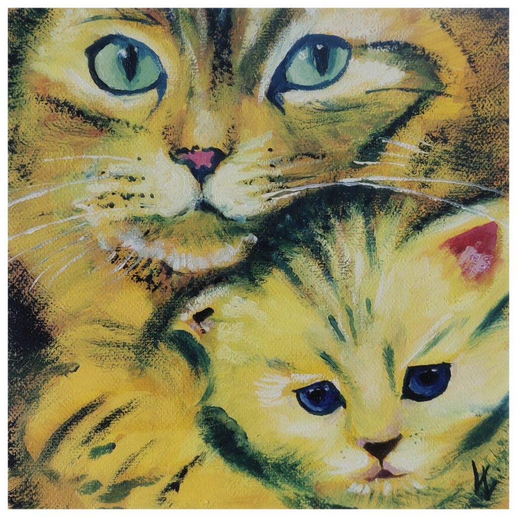 Katze mit Kätzchen, Acryl und Öl Mischtechnik auf Leinwand (20x20 cm)