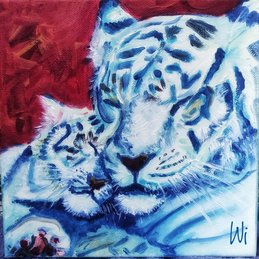 Tigermutter mit Baby, blau-weiß, Öl und Acryl auf Leinwand, 29x29 cm
