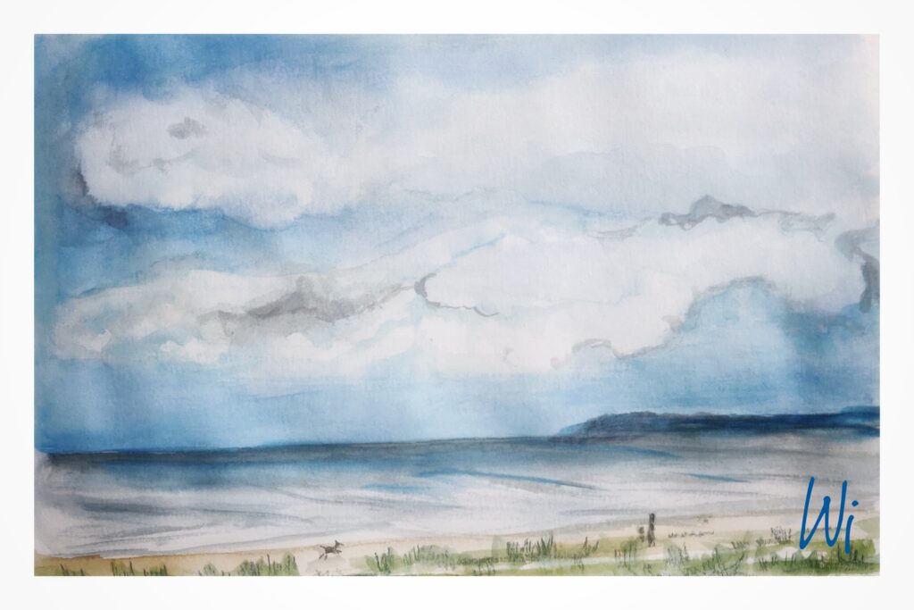 Blick auf das Meer an einem trüben Tag, Spaziergang mit Hund, Aquarellmalerei, Sketchbook DinA5