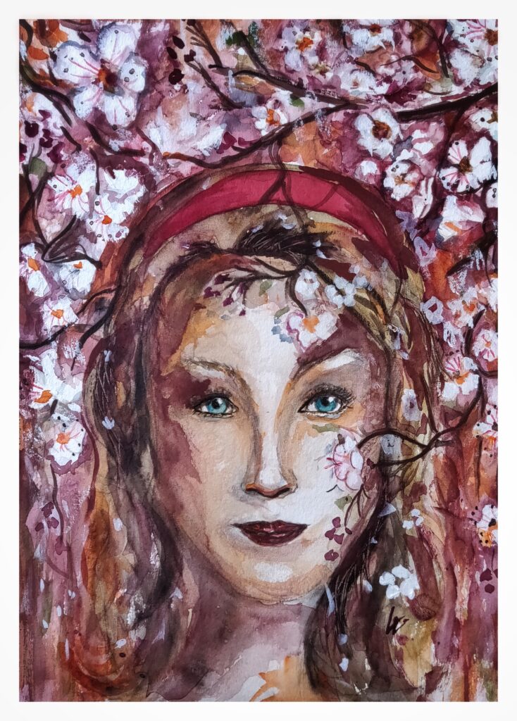 Portrait weiblich frontal, Kitschblüten, Aquarellmalerei, 26x36 cm