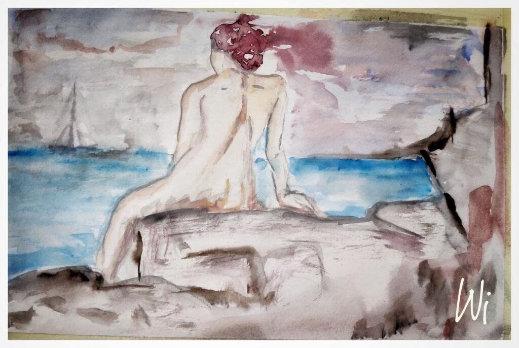 Sitzender weiblicher Akt am Meer, Blick auf die See, Segelboot am Horizont, Aquarellmalerei, Sketchbook DinA5