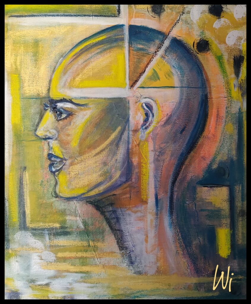 weiblicher Kopf, Profil, expressiv, blau-gelb, Acryl auf Leinwand, 50x60 cm
