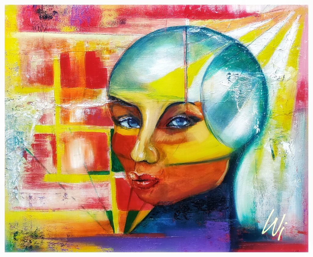 Portrait, weiblich, expressiv, rot-gelb, Acryl und Öl auf Leinwand, 60x50 cm
