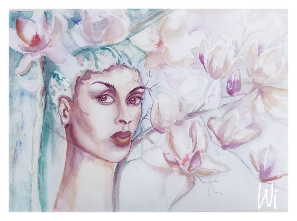 Portrait, Magnolie, Aquarellmalerei, 36x26 cm