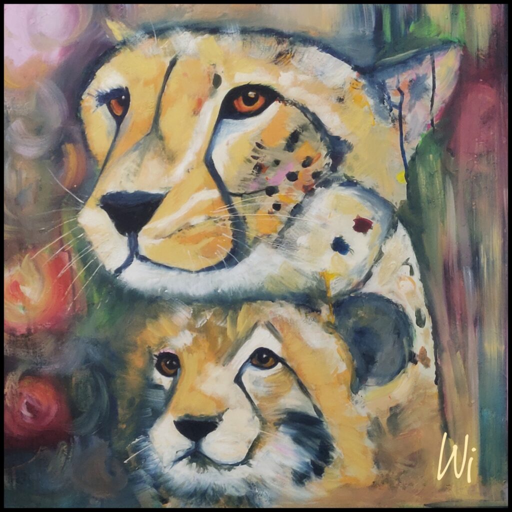 Gepardenmutter mit Jungem, Acryl und Öl auf Leinwand, 60x60 cm