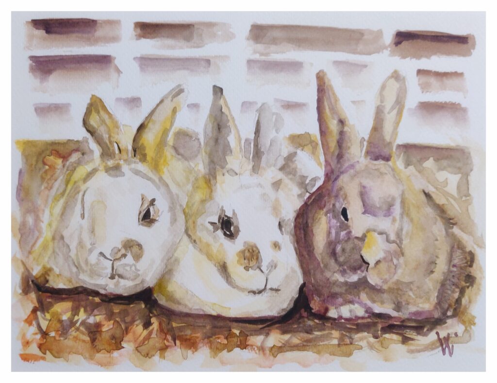 drei Kaninchen im Stroh, Aquarellmalerei, 24x18 cm
