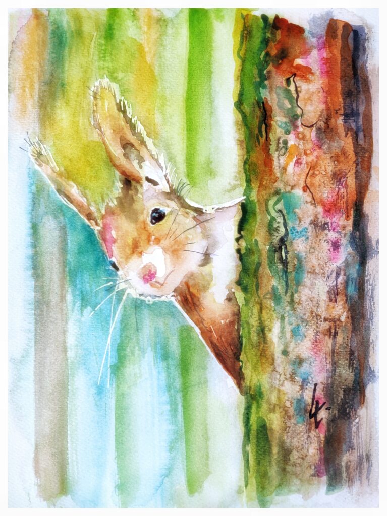 neugieriges Eichhörnchen, Aquarell, 17x24 cm