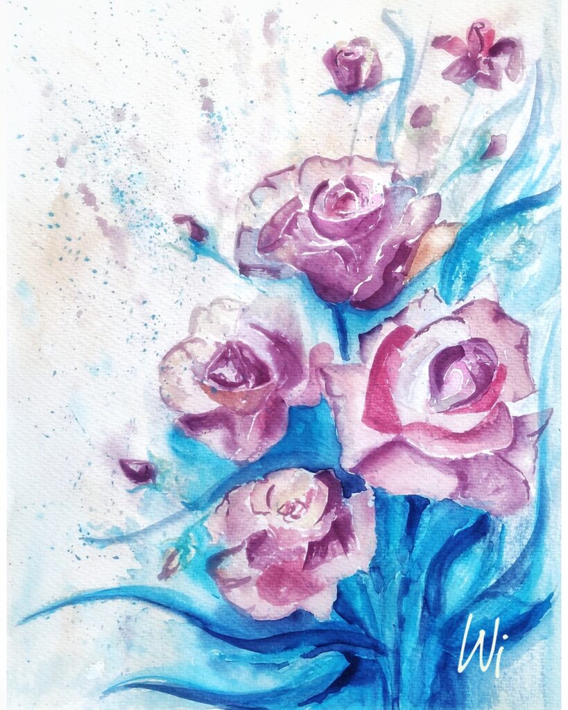 Rosenblüten, rosa-türkis, Aquarellmalerei, 31x41 cm