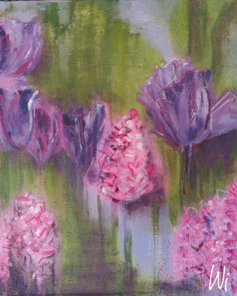 Frühlingsblumen, violett und rosa, Acryl und Pastellkreide auf Leinwand, 50x60 cm