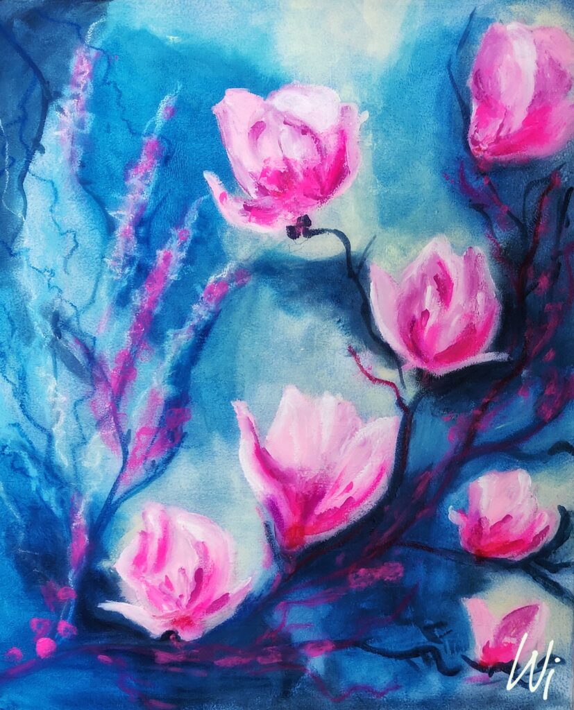 Magnolien, Acryl und Pastellkreide auf Leinwand, pink-blau, 50x60 cm