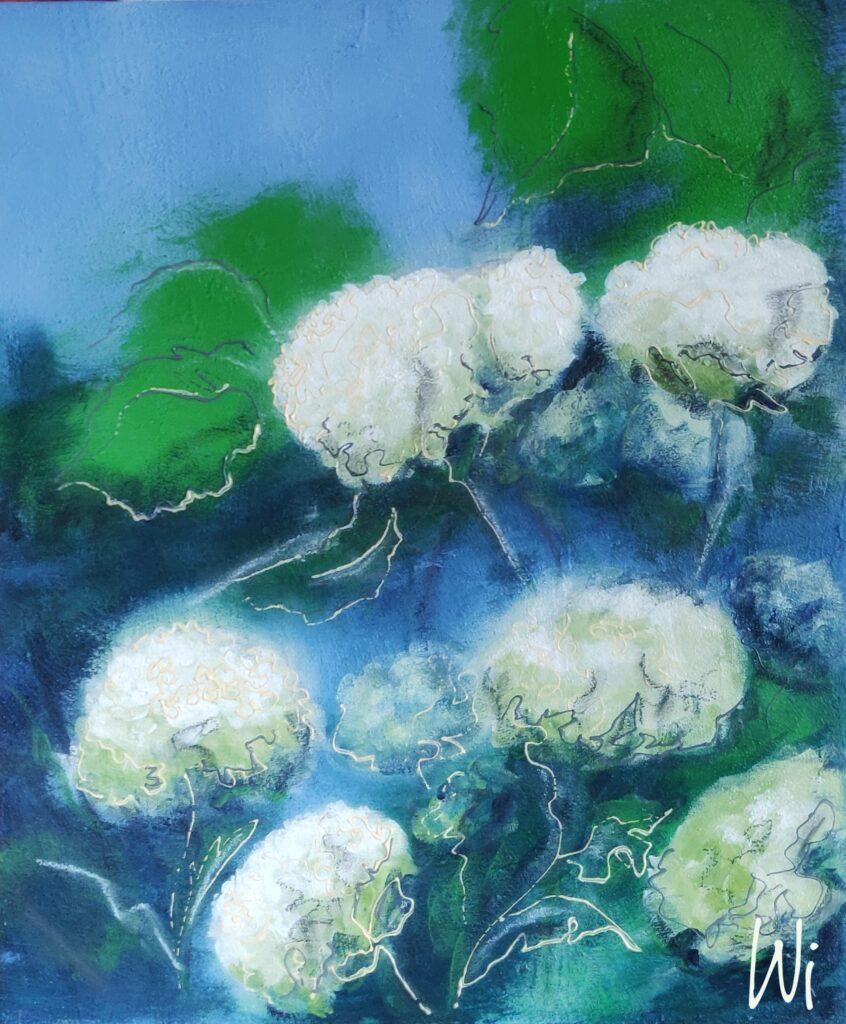 Weiße Hortensien, Acryl und Pastellkreide auf Leinwand, 50x60 cm