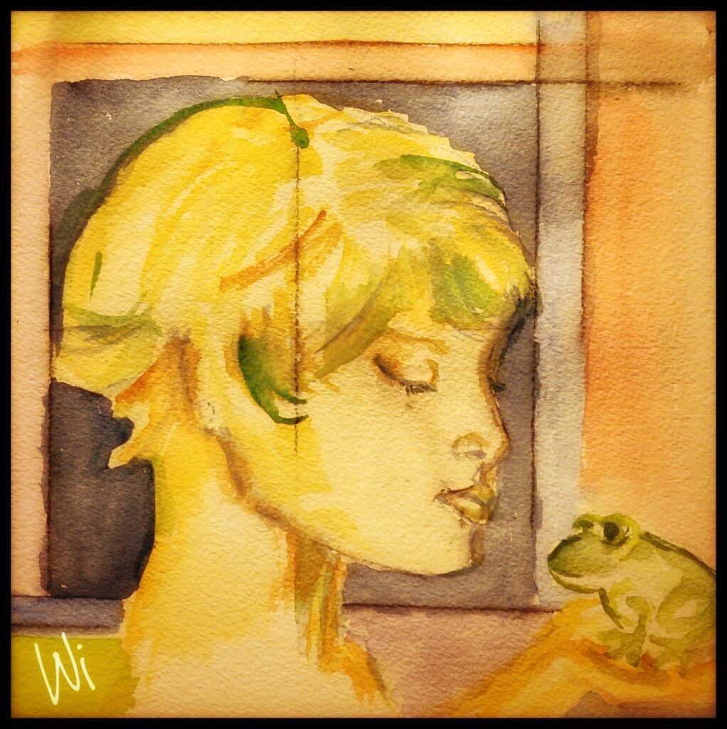 Frau mit Frosch, Aquarellmalerei, 20x20 cm