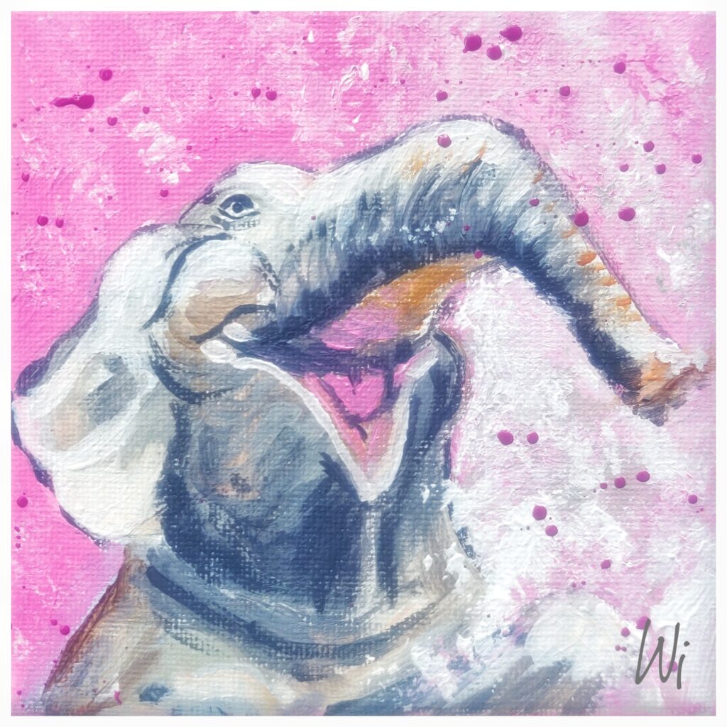 Elefant im Schneegestöber, grau-blau-rosa, Acryl auf Leinwand, 10x10 cm