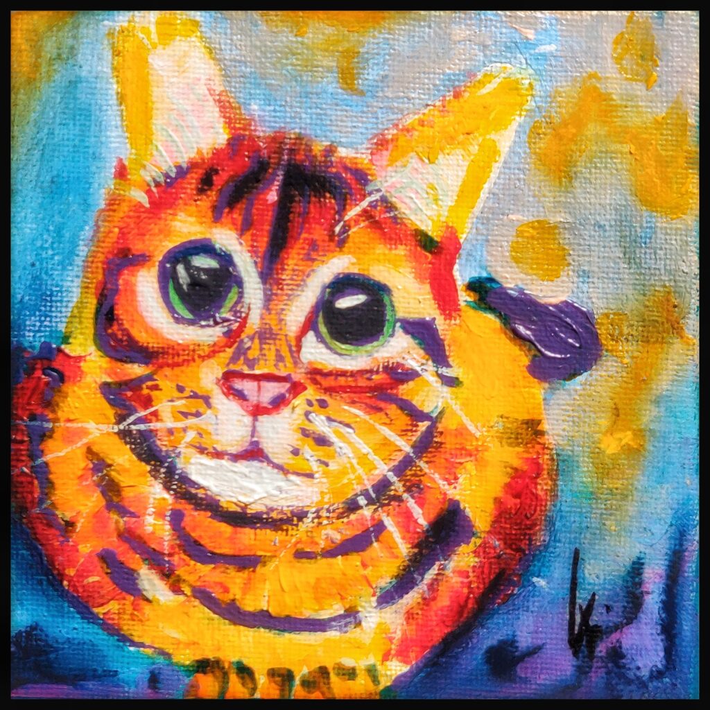 Kleiner bunter Kater, orange, gelb, violett, Acryl auf Leinwand, 10x10 cm