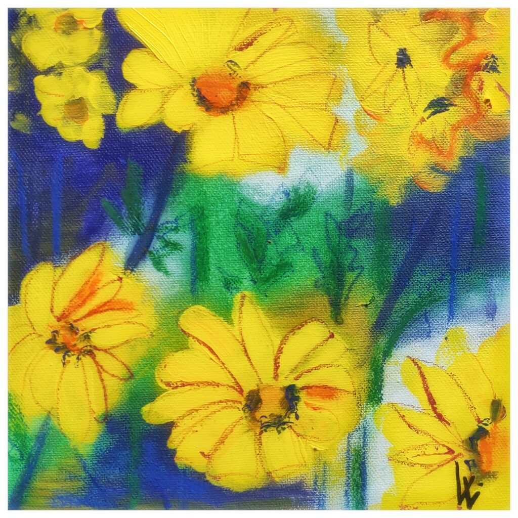 Gelbe Blüten vor blau-grün, Acryl und Kreide auf Leinwand, 20x20 cm