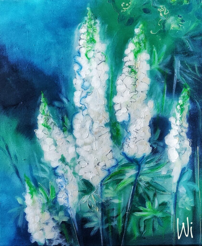 Weiße Lupine, blau grün, Acryl und Kreide auf Leinwand, 50x60 cm