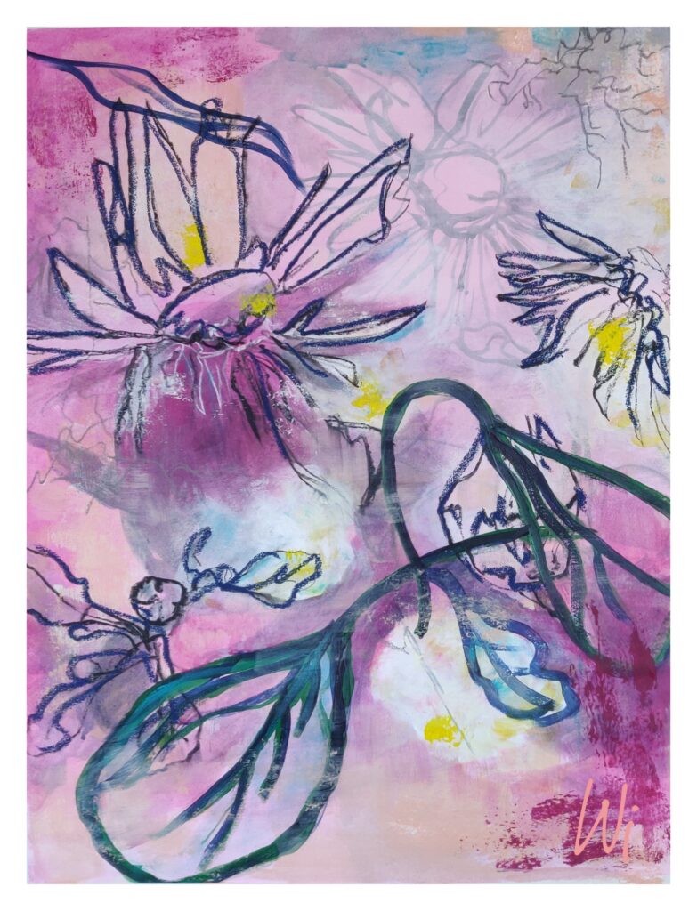 Gänseblümchen, Acryl auf Papier, abstrakt, Magenta, 40x50 cm
