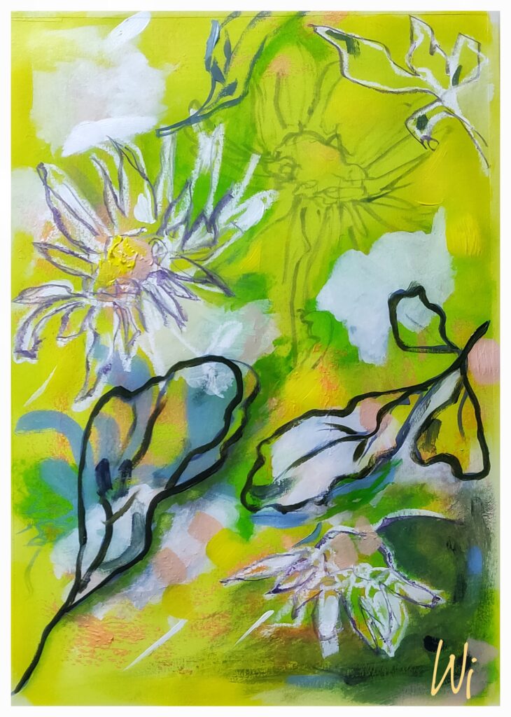 Gänseblümchen, Acryl auf Papier, gelb-grün, abstrakt, 30x40 cm