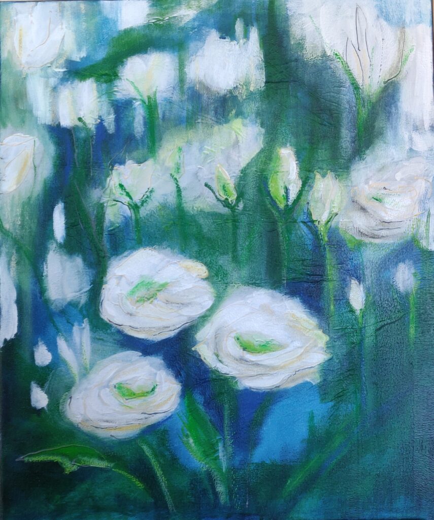 Lisianthus, weiße Blüten, halbabstrakt, Acryl und Kreide auf Leinwand, 50x60 cm