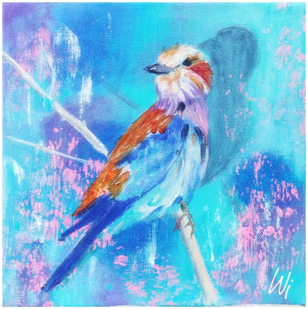 kleiner Vogel, halbabstrakt, Acryl auf Leinwand, 20x20 cm