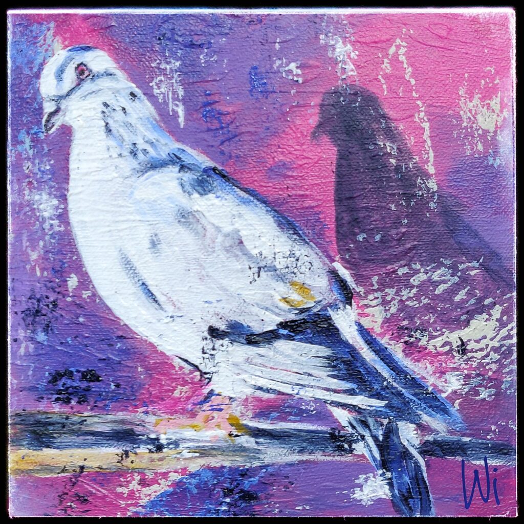 Weiß-blaue Taube, Acryl auf Leinwand, halbabstrakt, 20x20 cm