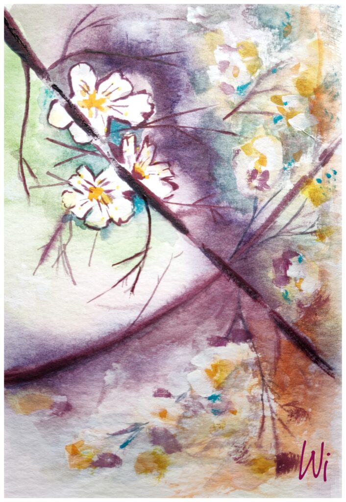 Blüten am Zweig, Aquarellmalerei, nass in nass, 17x23 cm