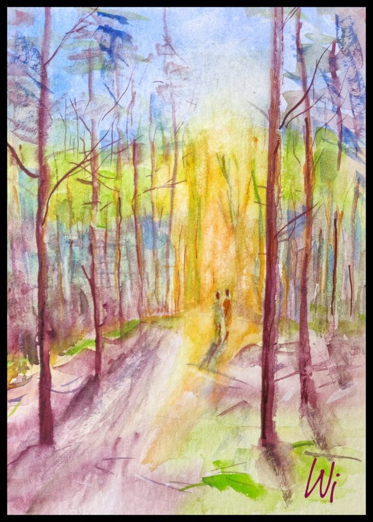 Waldweg, Aquarellmalerei, nass in nass, 17x23 cm