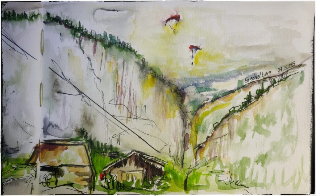 Paraglider vor den Bergen, Sketching, Schweiz, Lauterbrunnental
