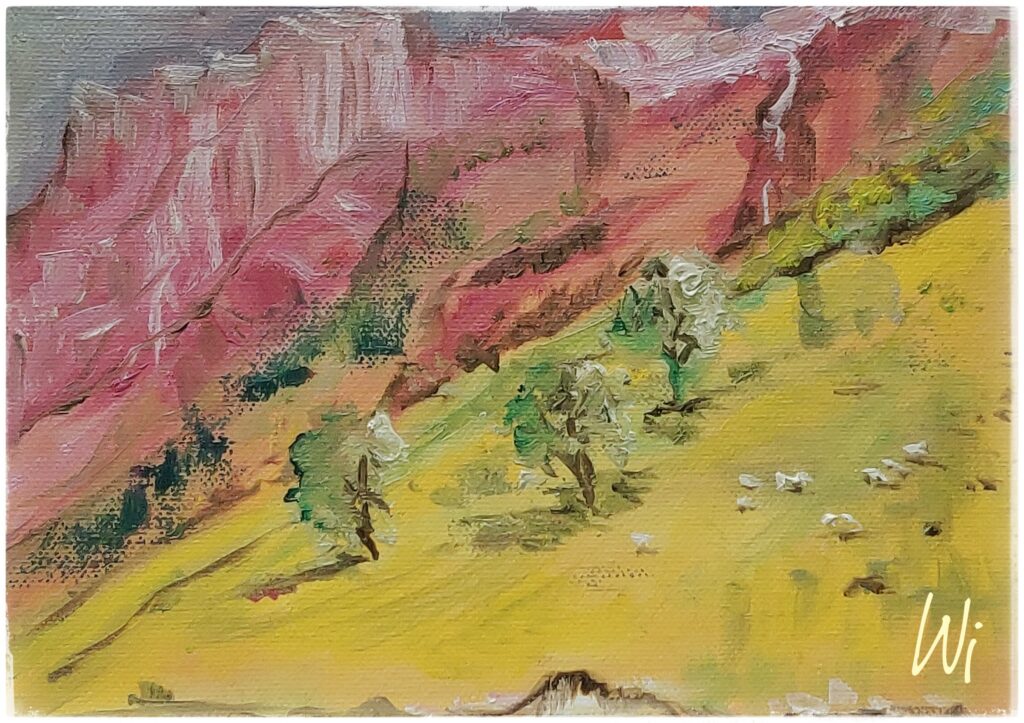 Schweizer Berge, Plainairmalerei, Panorama mit Schafen, 23x17 cm, Öl auf Leinwand