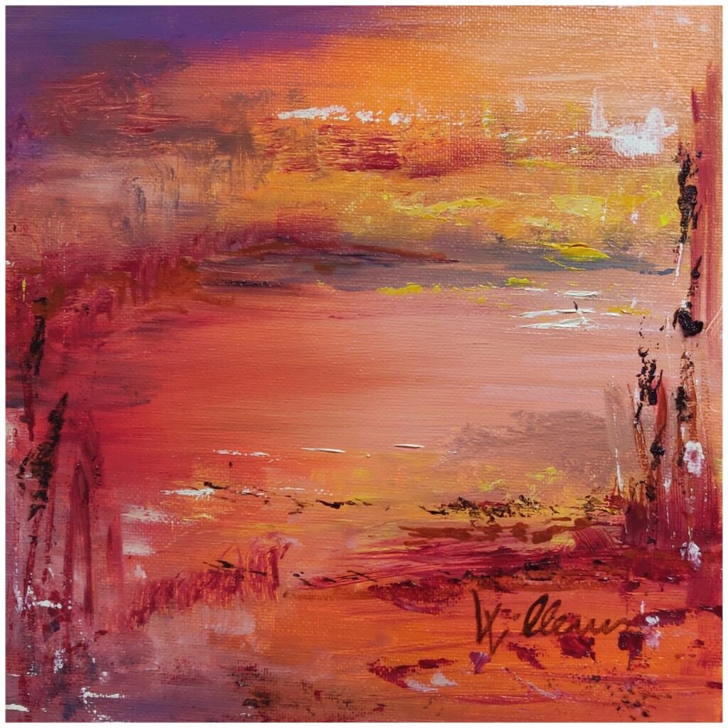 Farbenspiel, abstrakte Landschaft in rot-orange, Öl auf Malplatte, 20x20 cm