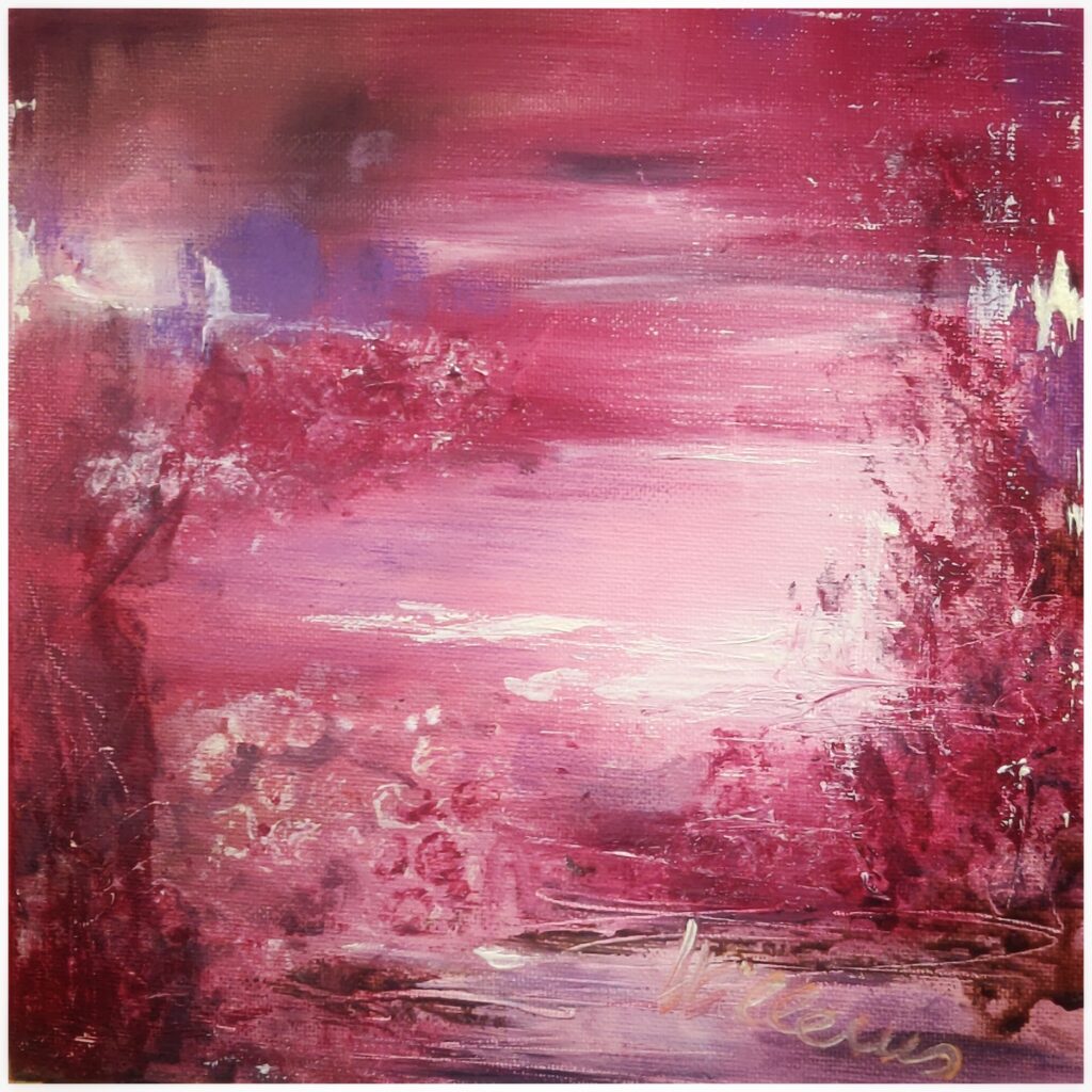 Farbenspiel, abstrakte Landschaft in rot-weiß, Öl auf Malplatte, 20x20 cm